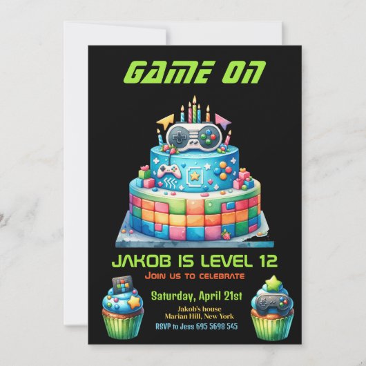 Invitation Jeu Nuit Vidéo Gamer Cake Anniversaire de enfant P (Devant)
