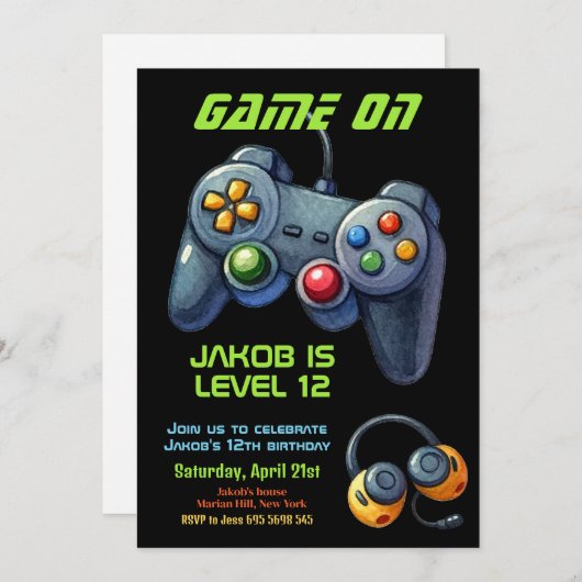Invitation Jeu Nuit Vidéo Joystick Joystick Anniversaire (Devant / Derrière)