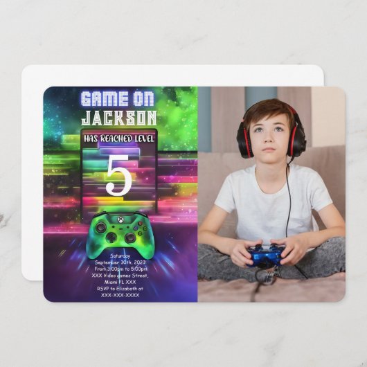 Invitation Jeu On, Jeu Vidéo Garçon Photo Anniversaire (Devant / Derrière)