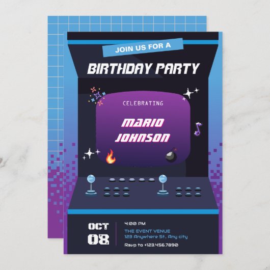 Invitation Jeu Pixel anniversaire (Devant / Derrière)