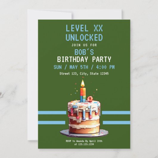 Invitation Jeu Pixel Green & Blue Cake Anniversaire (Devant)