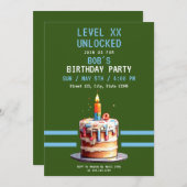 Invitation Jeu Pixel Green & Blue Cake Anniversaire (Devant / Derrière)