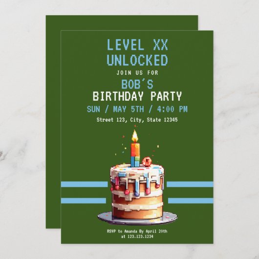 Invitation Jeu Pixel Green & Blue Cake Anniversaire (Devant / Derrière)