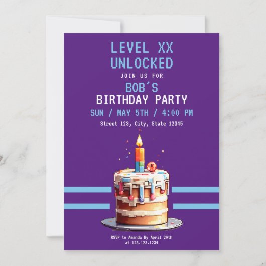 Invitation Jeu Pixel Purple & Blue Cake Anniversaire (Devant)