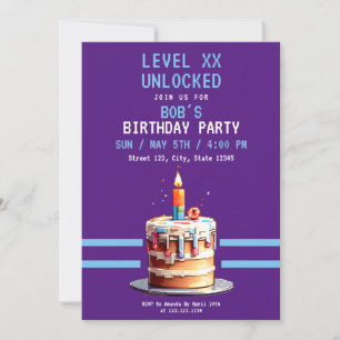 Invitation Jeu Pixel Purple & Blue Cake Anniversaire