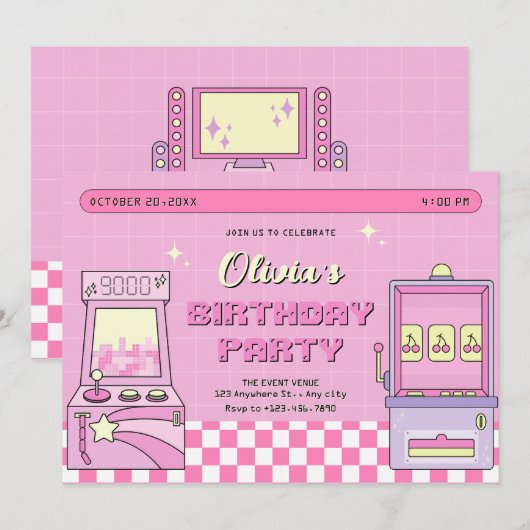 Invitation Jeu rose arcade (Devant / Derrière)