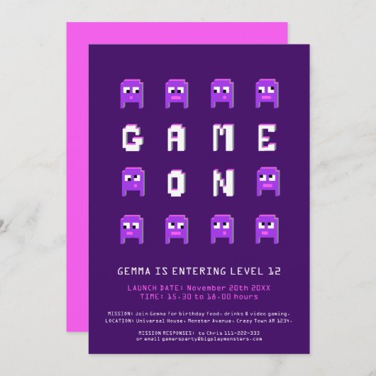 Invitation Jeu sur les filles violettes jeu fête d'anniversai (Devant / Derrière)