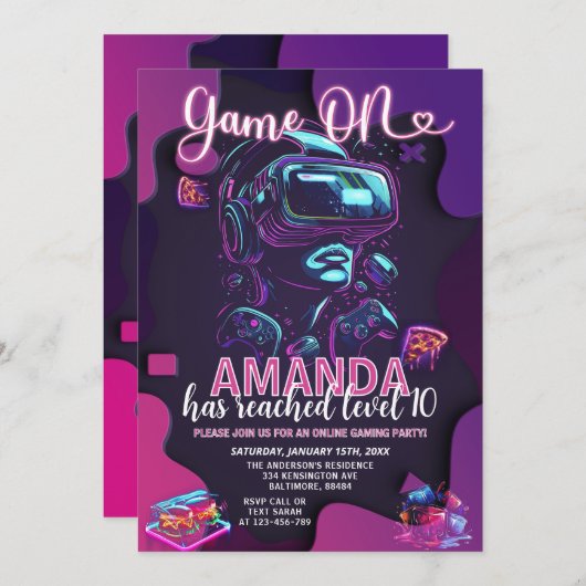 Invitation Jeu Sur Neon Glow Level Up Vidéo Jeu Anniversaire (Devant / Derrière)