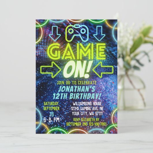 Invitation Jeu Sur Neon Glow Video Jeu Jeu Anniversaire Fête (Debout devant)