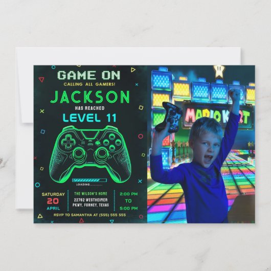 Invitation Jeu Sur Neon Vidéo Jeu Anniversaire Photo (Devant)