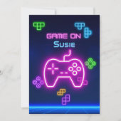 Invitation Jeu sur vidéo néon gamer vert, rose, bleu (Devant)