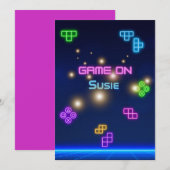 Invitation Jeu sur vidéo néon joueur vert, rose, bleu (Devant / Derrière)