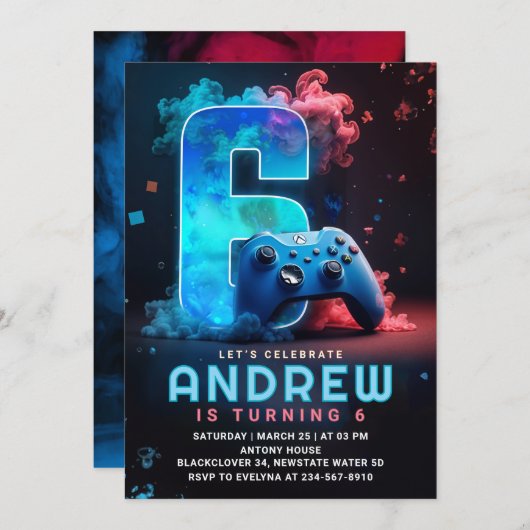 Invitation Jeu vidéo 6e fête d'anniversaire (Devant / Derrière)