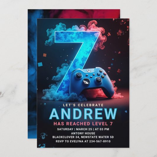 Invitation Jeu vidéo 7e fête d'anniversaire (Devant / Derrière)