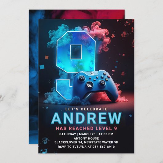 Invitation Jeu vidéo 9e fête d'anniversaire (Devant / Derrière)