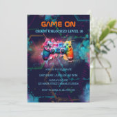 Invitation Jeu Vidéo Anniversaire Fête Neon Jeu sur niveau ve (Debout devant)