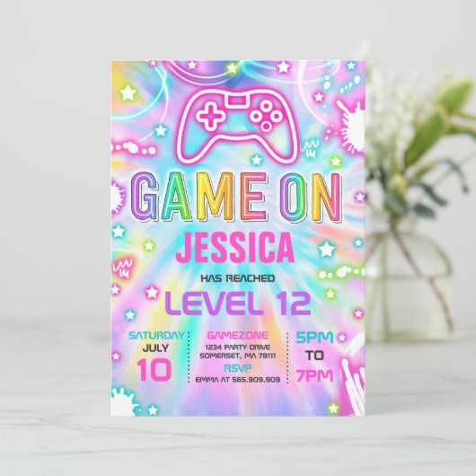 Invitation Jeu Vidéo Anniversaire Fête Neon Jeu sur niveau ve (Debout devant)
