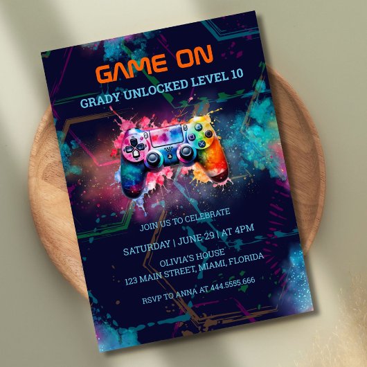 Invitation Jeu Vidéo Anniversaire Fête Neon Jeu sur niveau ve