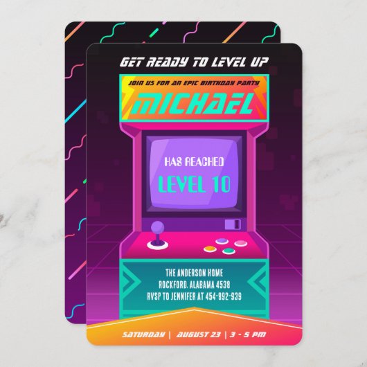 Invitation Jeu vidéo Anniversaire Invitation, Retro Arcade (Devant / Derrière)
