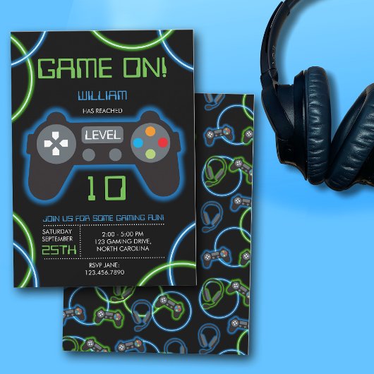 Invitation Jeu vidéo Neon Blue & Green Anniversaire Party