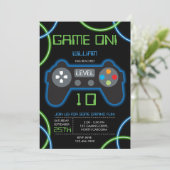 Invitation Jeu vidéo Neon Blue & Green Anniversaire Party (Debout devant)