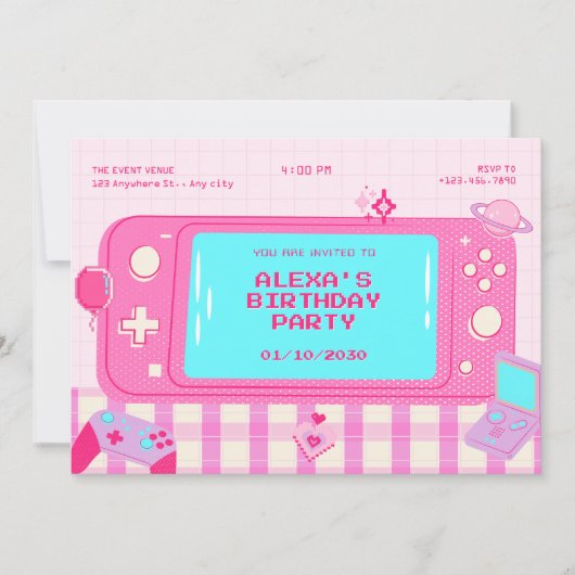 Invitation Jeu vidéo rose rétro anniversaire (Devant)