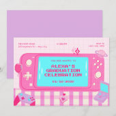Invitation Jeu vidéo rose retro graduation (Devant / Derrière)