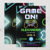 Invitation Jeu Vidéo Sur Gamer Kids Boy Neon Anniversaire (Devant / Derrière)