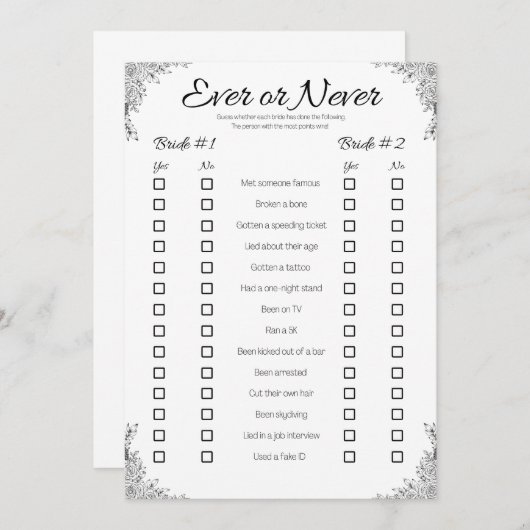 Invitation Jeu Wedding shower lesbien, jamais ou jamais (Devant / Derrière)