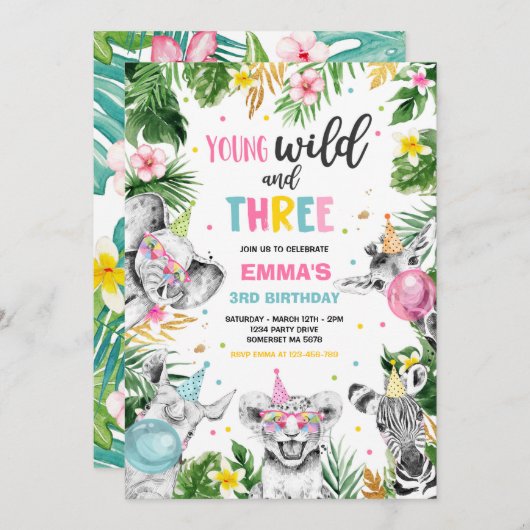 Invitation Jeune Fête Wild Et Trois Safari Jungle Animaux (Devant / Derrière)