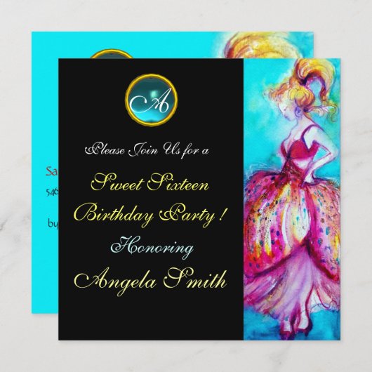 INVITATION JEUNE FILLE BLANC DOUCE 16 PARTY GEM MONOGRAM (Devant / Derrière)