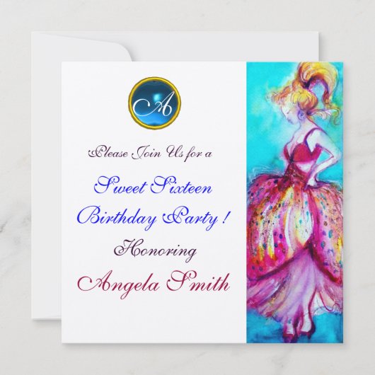 INVITATION JEUNE FILLE BLANC DOUCE 16 PARTY GEM MONOGRAM (Devant)