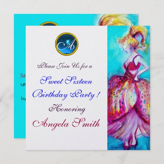 INVITATION JEUNE FILLE BLANC DOUCE 16 PARTY GEM MONOGRAM (Devant / Derrière)