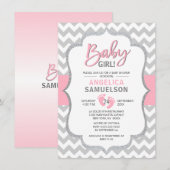Invitation JEUNE FILLE DE Baby shower GRIS Rose Cute Chevron (Devant / Derrière)