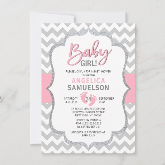 Invitation JEUNE FILLE DE Baby shower GRIS Rose Cute Chevron (Devant)