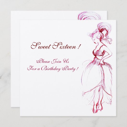 Invitation JEUNE FILLE DOUCE 16 FÊTE D'ANNIVERSAIRE Rouge Ros (Devant / Derrière)