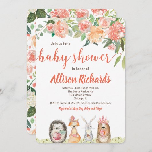 Invitation Jeune fille invitée par le baby shower des animaux (Devant / Derrière)