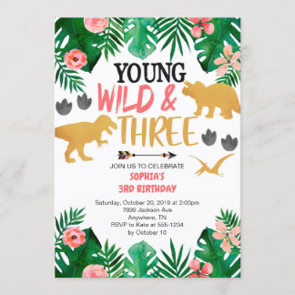 Invitation Jeune fille sauvage et trois dinosaures 3e anniver