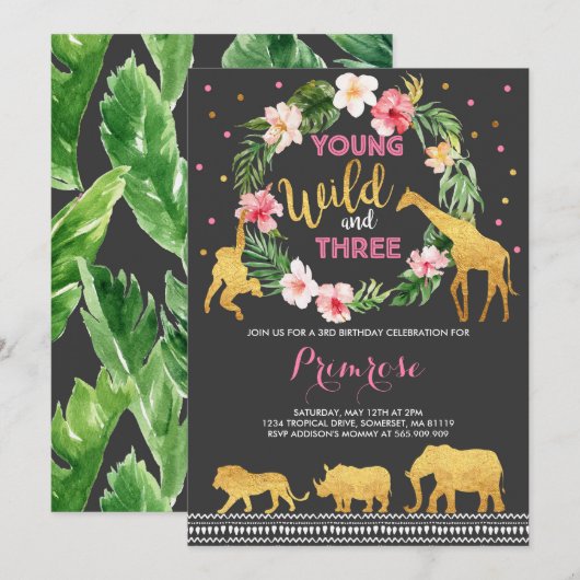 Invitation Jeune jungle sauvage et de trois anniversaires (Devant / Derrière)