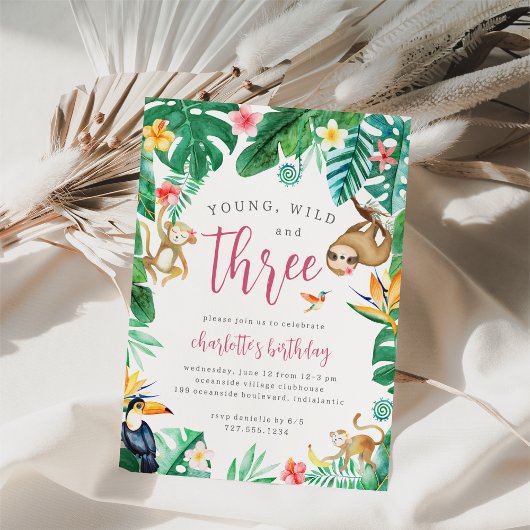 Invitation Jeune sauvage et 3 animaux de la jungle tropicale