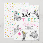 Invitation Jeune sauvage et trois animaux de la fête Safari A (Devant / Derrière)