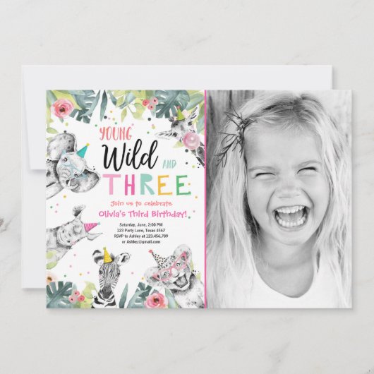 Invitation Jeune sauvage et trois animaux Safari Fille Annive (Devant)