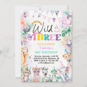 Invitation Jeune sauvage et trois animaux Safari Fille Annive (Devant)