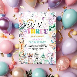 Invitation Jeune sauvage et trois animaux Safari Fille Annive