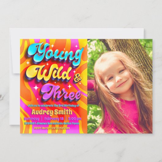 Invitation Jeune, sauvage et trois avec photo (Devant)