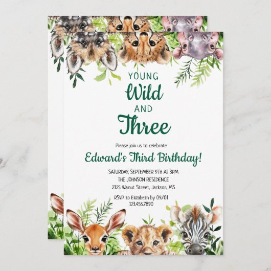Invitation Jeune Sauvage Et Trois Beaux Animaux Safari Annive (Devant / Derrière)