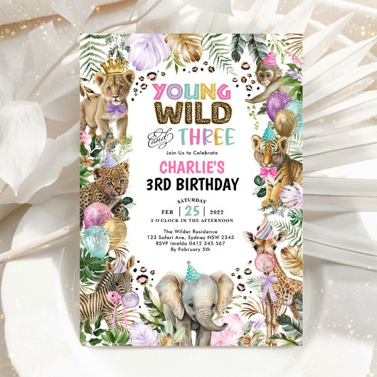 Invitation Jeune sauvage et trois fêtes Animaux Fille Anniver