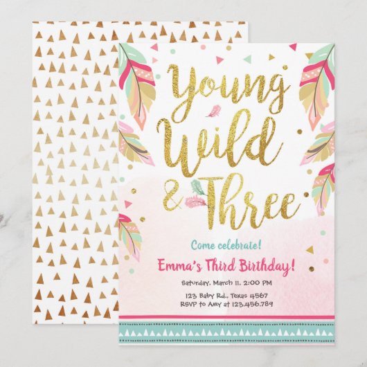 Invitation Jeune sauvage et trois plumes Or rose Anniversaire (Devant / Derrière)