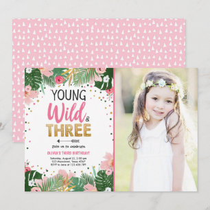 Invitation Jeune sauvage et trois Safari tropical fille anniv