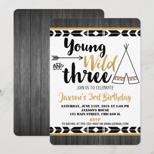 Invitation Jeune sauvage trois 3ème anniversaire garçon d'inv (Devant / Derrière)